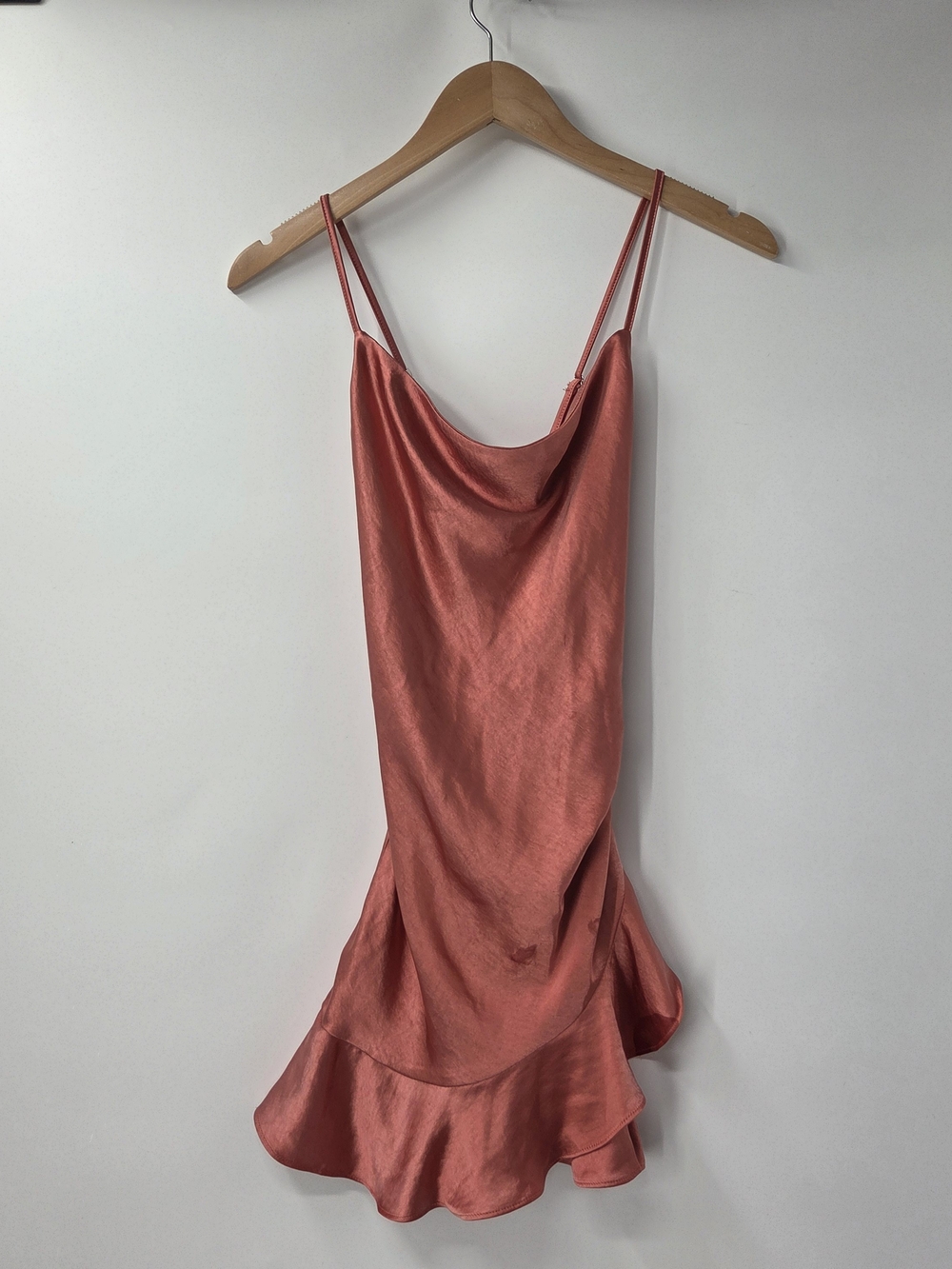 Angel Biba Coral Satin Cowl Mini Dress with Ruffle Hem